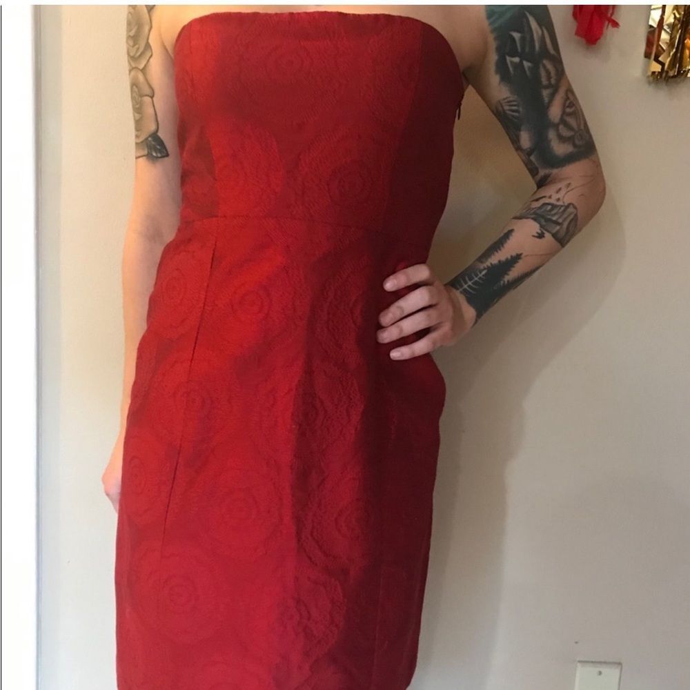 Theory Orsolya Strapless Cocktail Jacquard Mini Dress Red Sz 2
